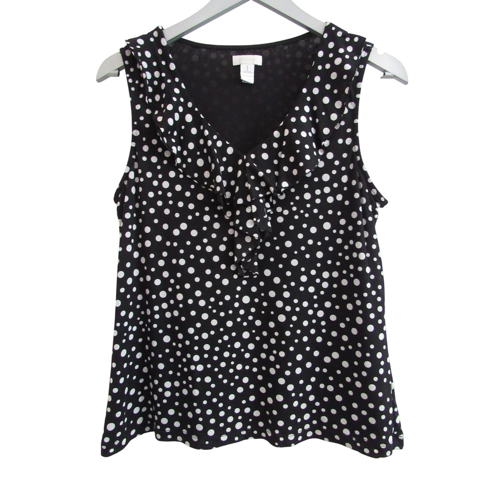 Chicos Polka Dot Ruffle V-Neck Tank Top Black White Shell Size 1 Medium